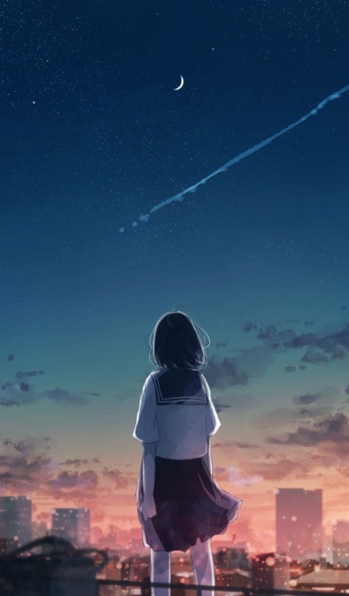 Anime Landscape, Crescent, Falling Star, School Girl, - Falling Star ...