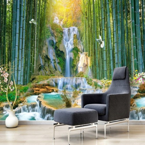 Custom Mural Wallpaper Bamboo Forest Waterfall 3d Scenery - Mural ...