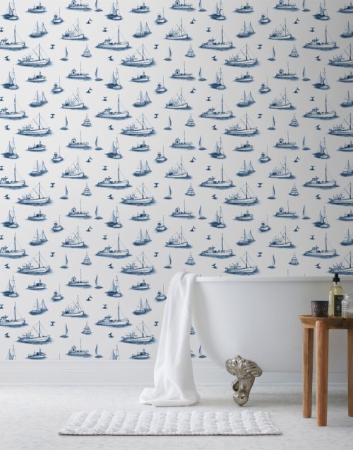 Ahoy Wallpaper With Navy Blue Ships And Whale Tales - Interior Design ...