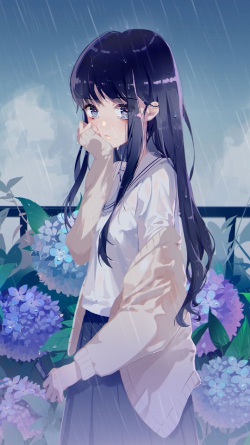 Wallpaper Rain Cute Anime Girl Flowers Original Rain