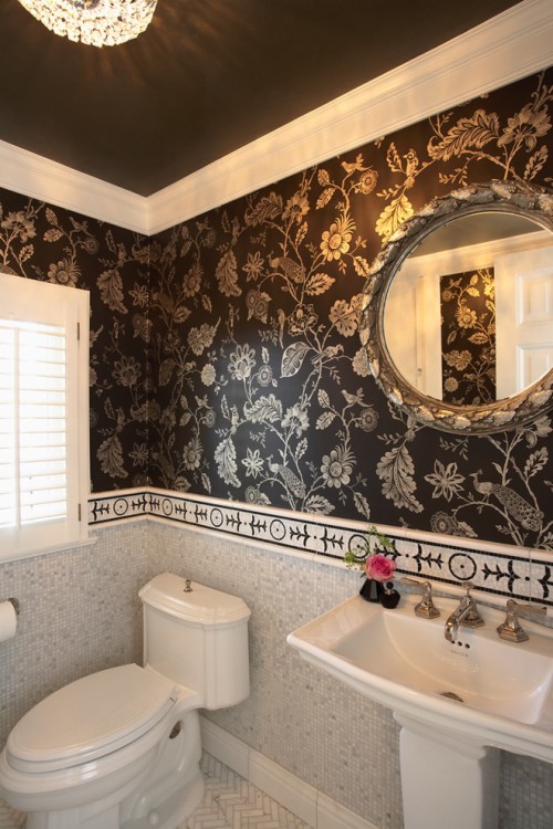 Crown Molding Wallpaper Bathroom With Brown Ceiling