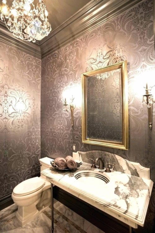 Crown Molding Wallpaper Bathroom With Brown Ceiling