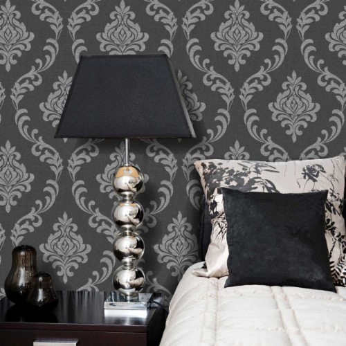 Goodhome Phacelia Grey Damask Textured Wallpaper - Damask Wallpaper B&q