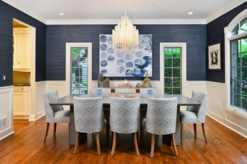 Navy Blue Grasscloth Wallpaper Installed In The Dining